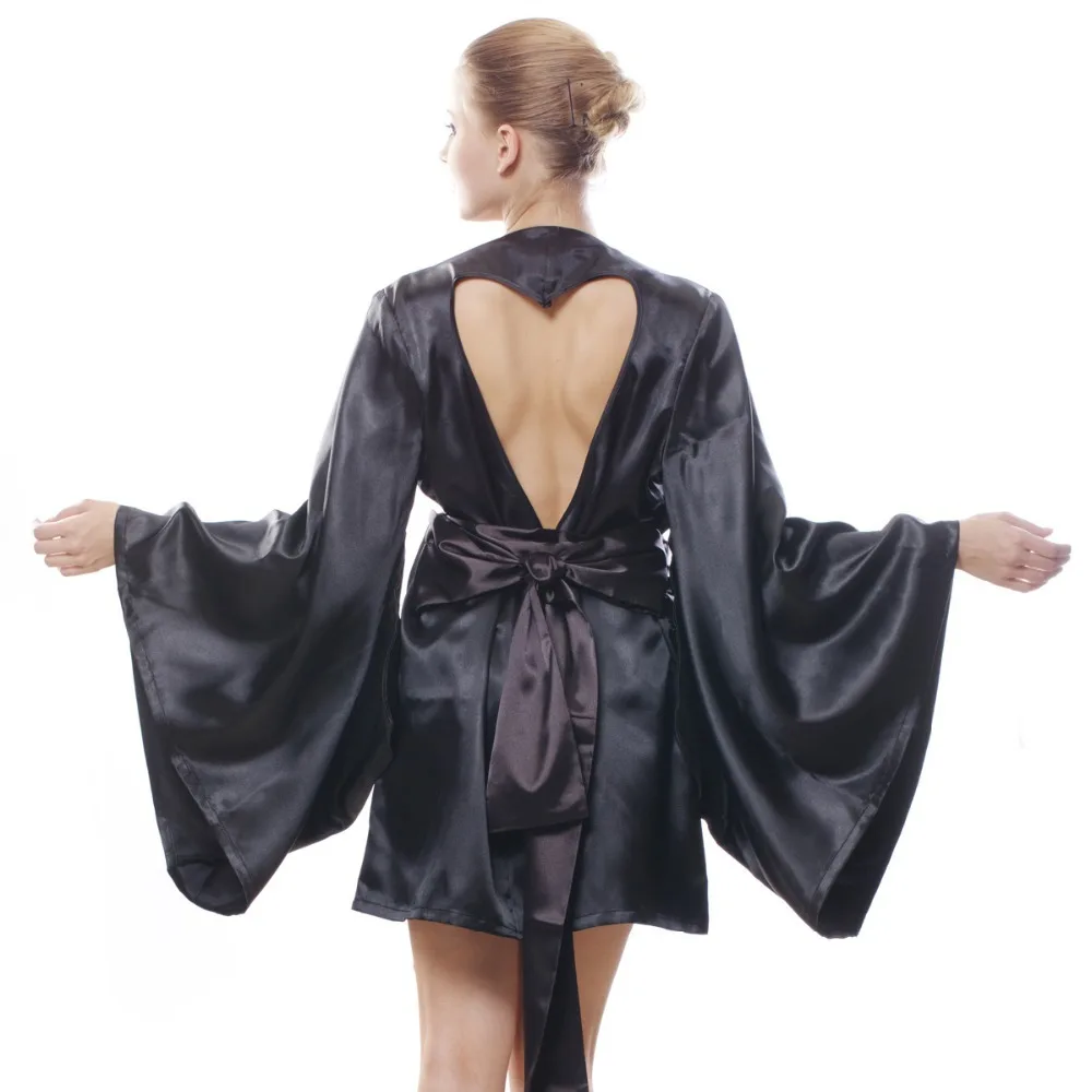 Brand Japanese Kimono Robes Sexy Heart Cut Out Back Black Satin Kimono