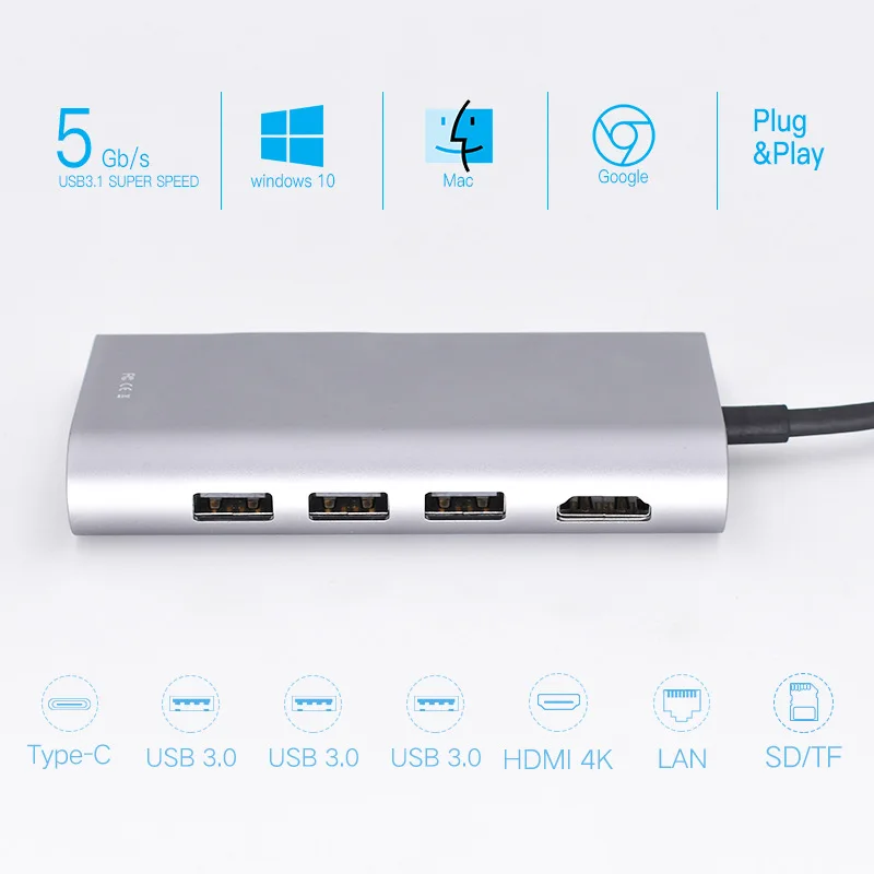 8-in-1 USB C Adapter with 4K HDMI1Gbps RJ45 Ethernet Port USB 3.0 SD/TF Card Reader100W PD Charging Port