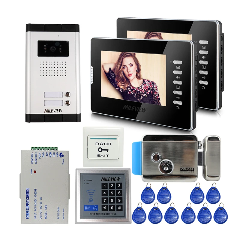 

Apartment New 7" Color Screen Video Door Phone Intercom Kit for 2 Family + Electric lock + RFID Controller + Power FREE SHIPPING