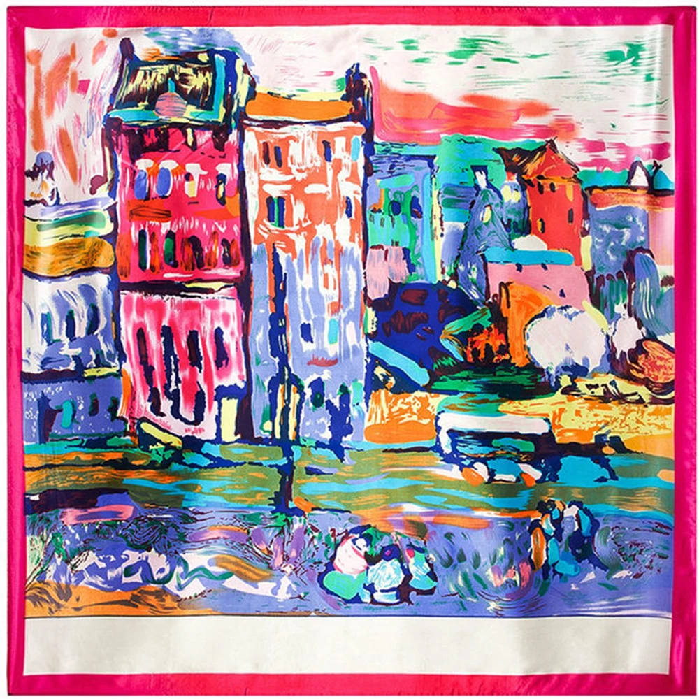 Квадратные шарфы, женские шелковые шарфы, шали Ван Гога, красный дом, живопись, платок, роскошные художественные шарфы, летние, разноцветные, 90*90 см