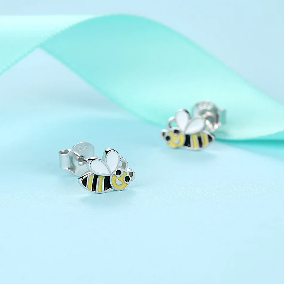 ELESHE 2019 New Simple 925 Sterling Silver Yellow Enamel Insect Honey Bee Small Stud Earrings for Women Girls Fashion Jewelry