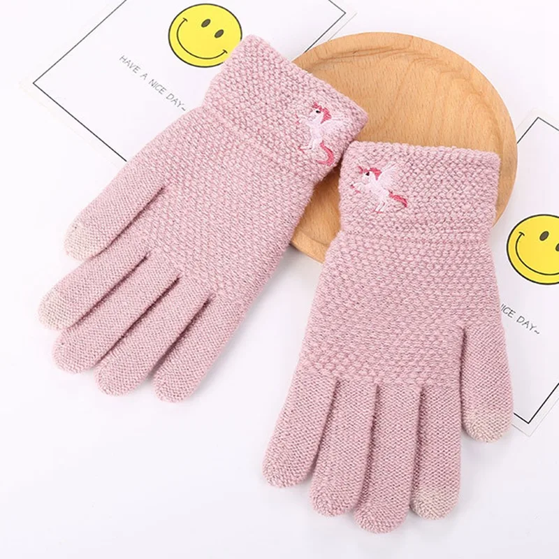 Осенне-зимние женские вязаные термоперчатки, вязаные зимние уличные перчатки с сенсорным экраном, перчатки с вышитым единорогом