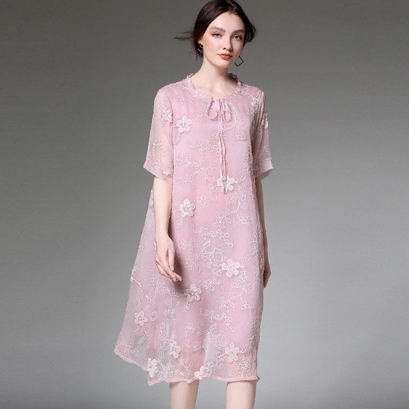 

Large size casual loose fashion Silk chiffon embroidery dresses womens high waist Elegant dress short sleeve dress summer new