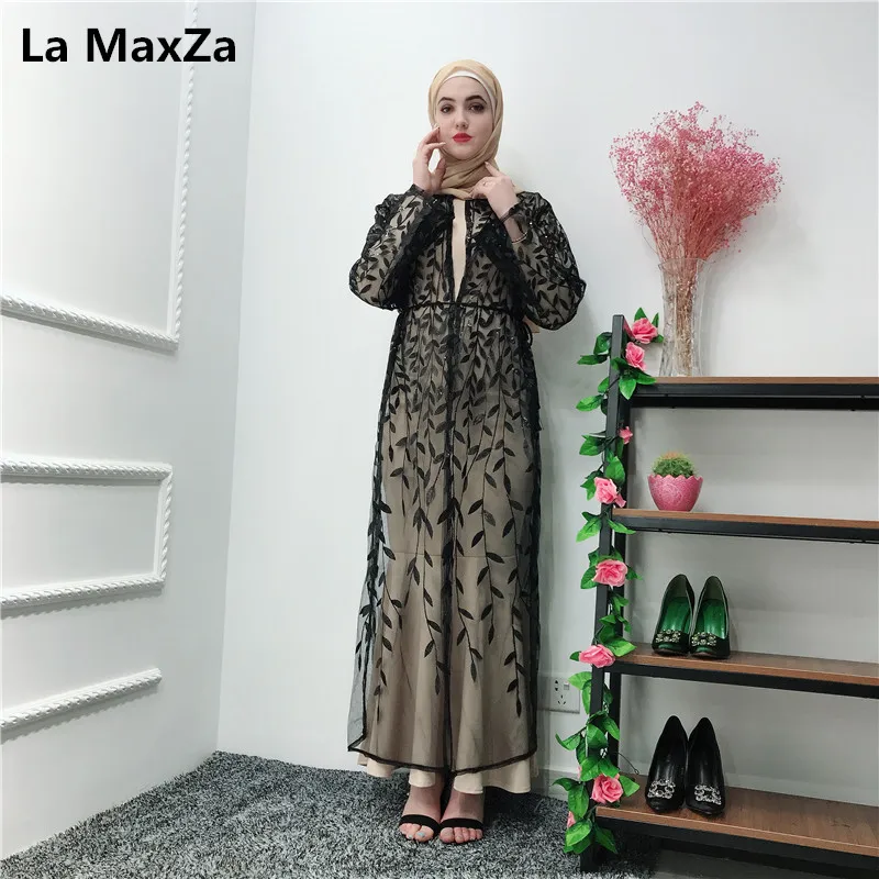 

Kaftan lace cardigan leaf embroidered Robe black Abaya Turkey Dubai Hijab Muslim Dress Ramadan Women Marocain Islamic Clothing