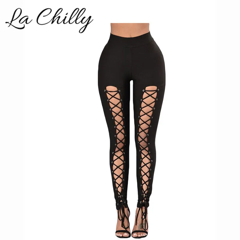 

2017 Hollow Out Clubwear Trousers Black Grommet Lace Up Front Leggings Skinny Pants For Women LC79920 Hot Sales