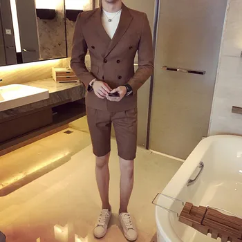 

Summer khaki Men Suit With Short Pants 2018 Double Breasted Slim Fit blue Male Blazer Party Wear black Men wedding suit Tuxedo