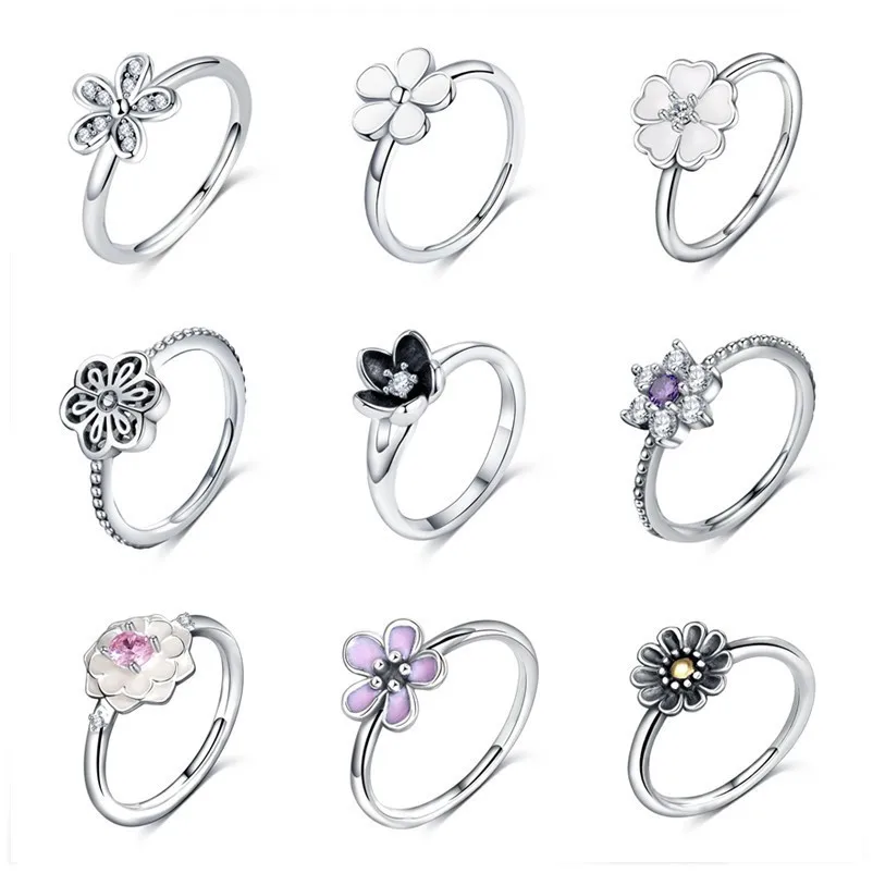 

9 Styles Elegant Purple Pink Flowers Vintage Finger Rings Silver 925 Ring Fashion Jewelry For Women Wedding Party Jewelry Gift