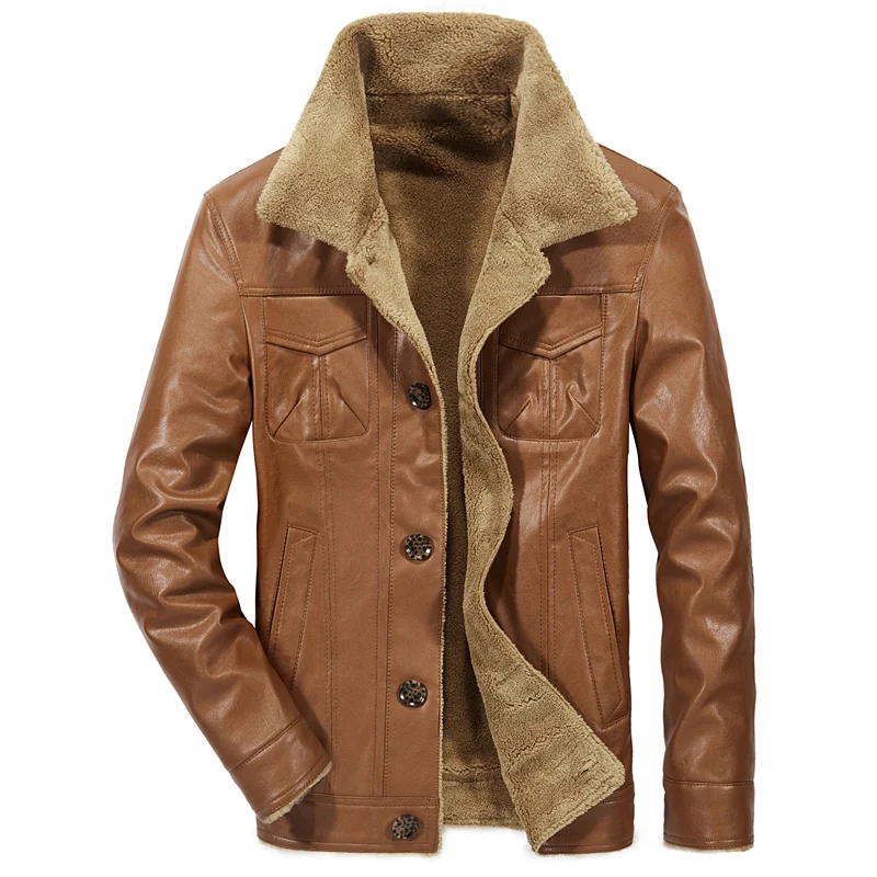 

Loldeal Mens bomber jacket Buttons Faux Fur Collar Warm Pu Leather Lining Winter Trench Coat Black khaki navy