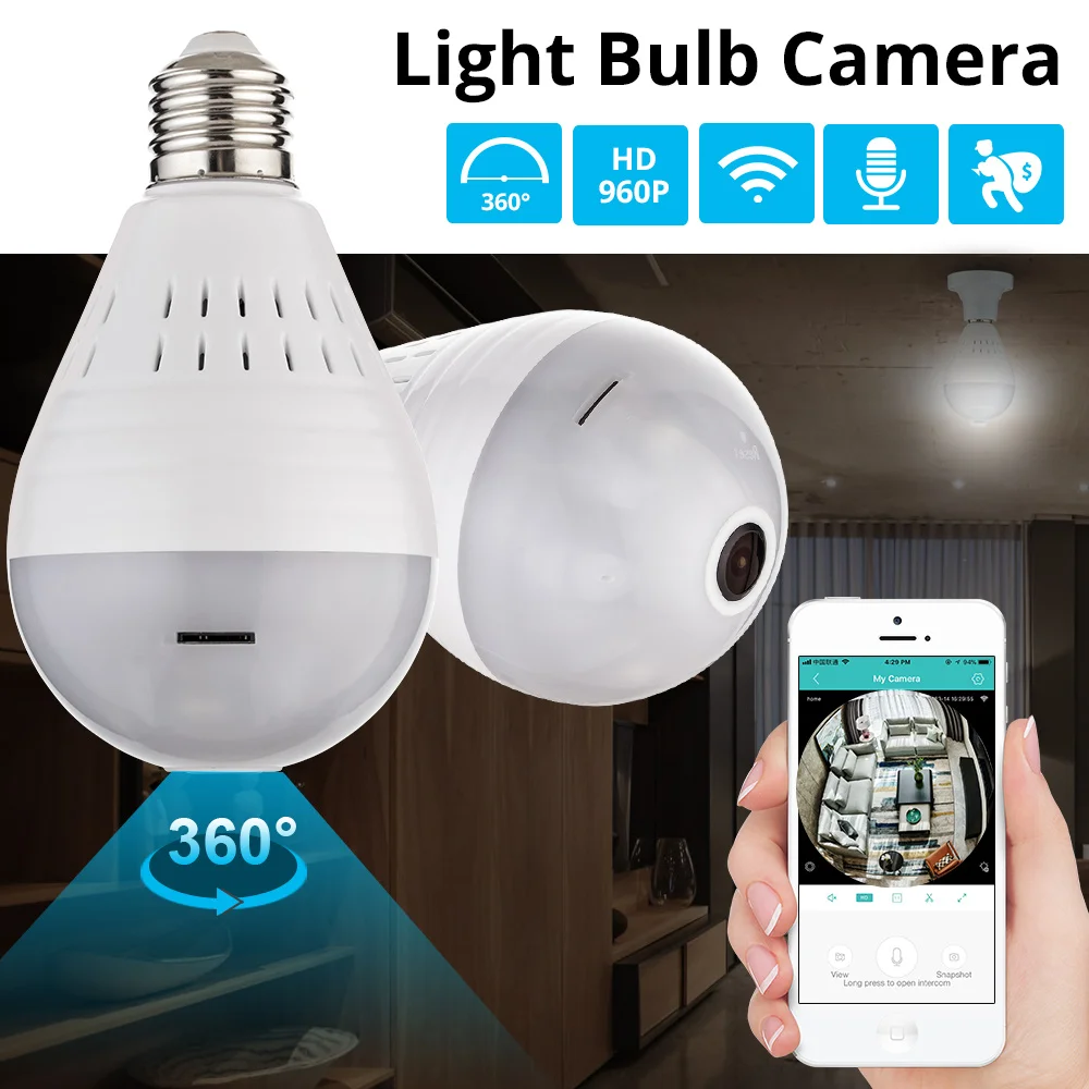 KERUI LED Light 960P Wireless Panoramic Home Security WiFi CCTV Fisheye Bulb Lamp IP Camera 360