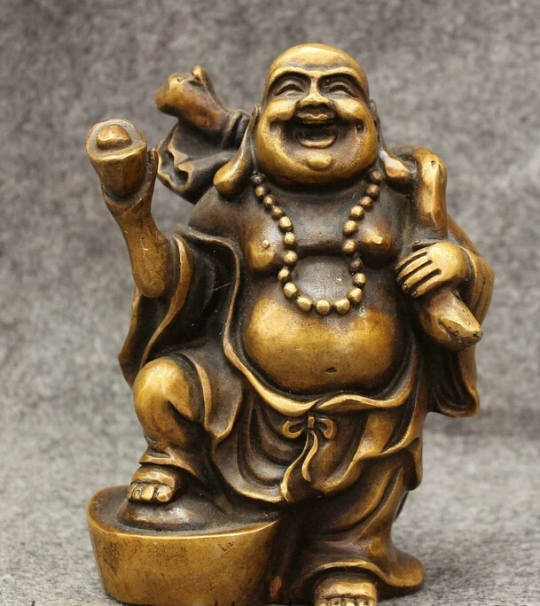 

Chinese Bronze Wealth YuanBao Happy Laughing Maitreya Buddha Statue Money Bag