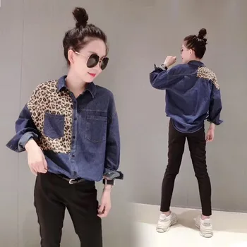 

Women Blouses Denim Tops 2019 Spring Fashion New Loose Long Sleeve Leopard Print Patchwork Office Tops Women Denim Shirts JIA311