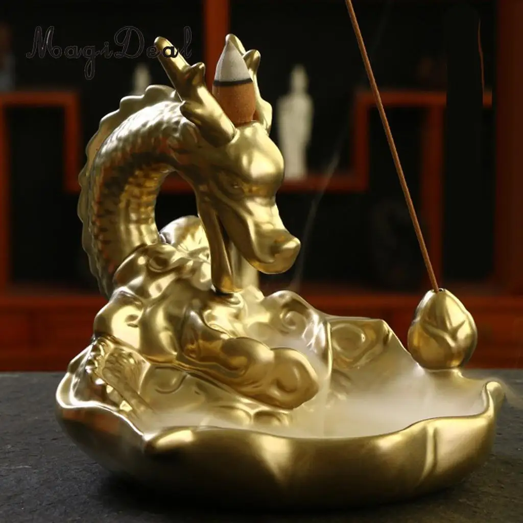 Incense Cones Ceramic Gold Dragon Incense Burner Smoke Backflow Waterfall Art Crafts Incense Cone Furnace