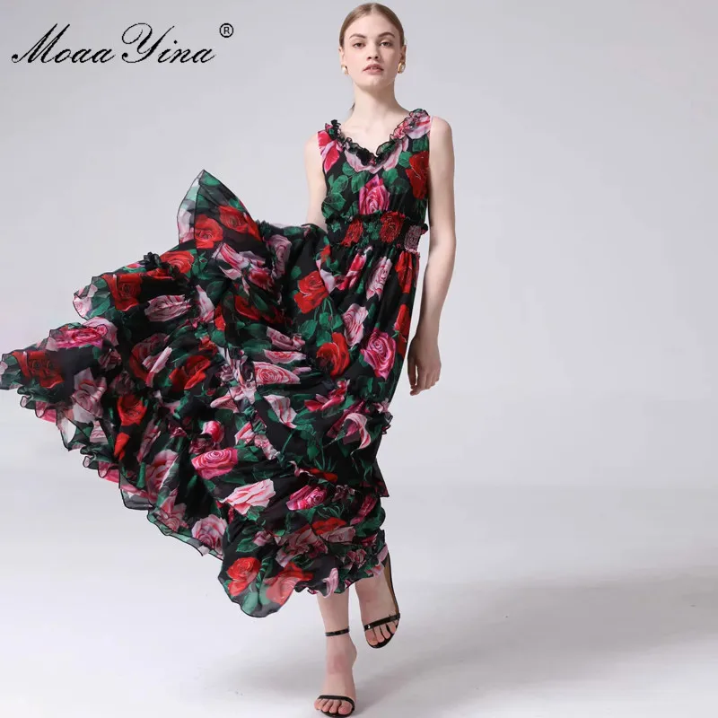 MoaaYina, модное дизайнерское подиумное платье, летнее, женское, v-образный вырез, цветочный принт, оборки, эластичная талия, для отпуска, макси, платья