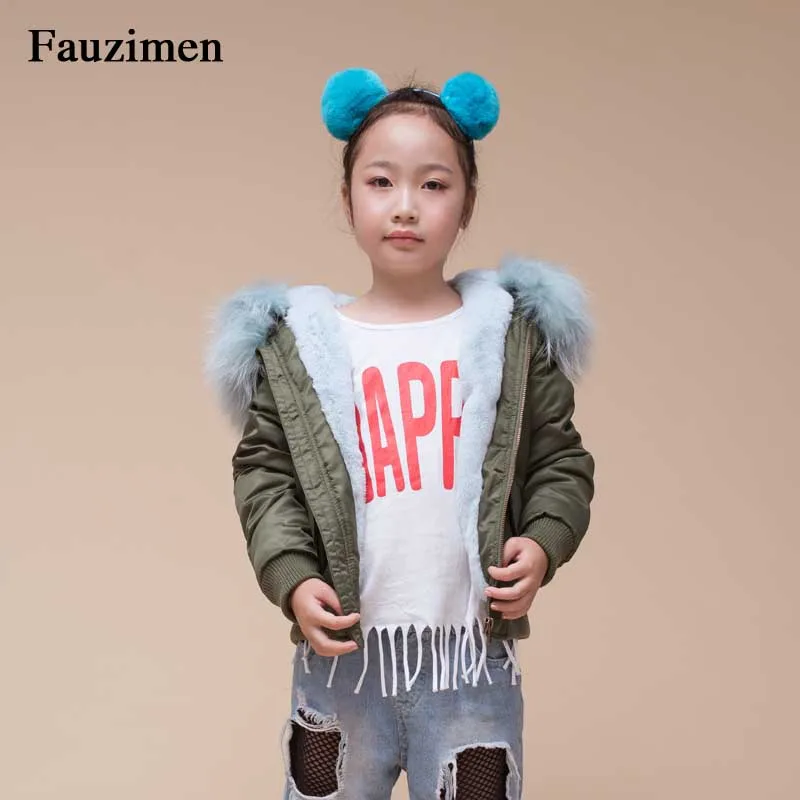 Детские меховые пальто зимняя одежда размера плюс зимние детские парки с натуральным мехом утепленная Меховая куртка для мальчиков и девочек, верхняя одежда с капюшоном - Цвет: GreenBluefur