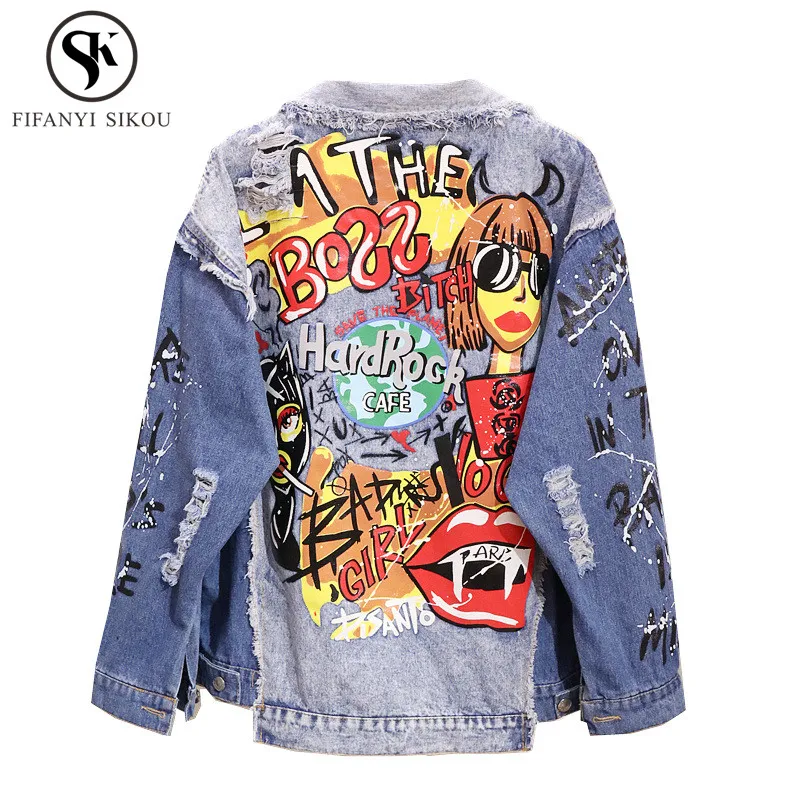 Denim Blue 2019 Automne Veste À De Imprimer Jeans Hop Manches Manteau Lâche Longues Printemps Femmes Graffiti Streetwear Mode Hip rCoWBdxQe