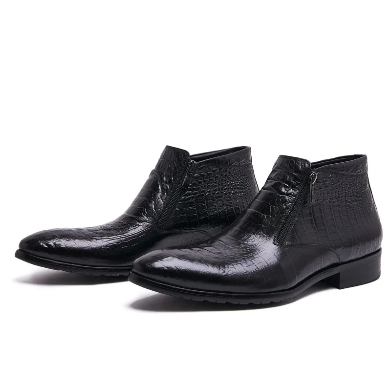 Crocodile Grain brown tan / black mens ankle boots embossed genuine leather dress boots autumn mens wedding shoes