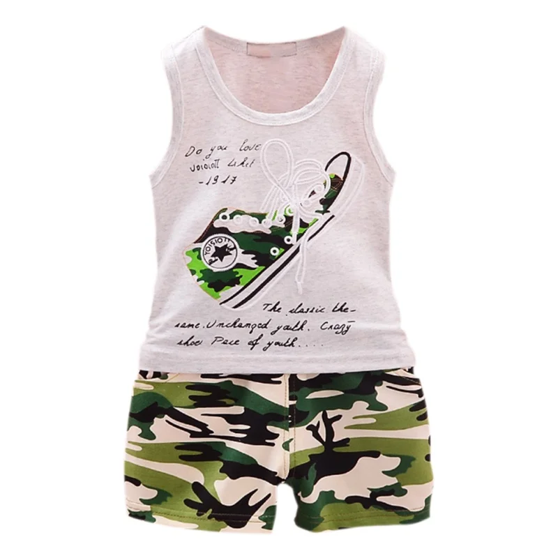 

Summer Baby Boys Clothes Sleeveless Camouflage Shoes Print Tops Vest+Shorts Casual Boys Clothing Sets Hot Sale