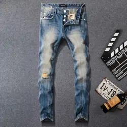 Итальянский Винтаж Стиль Модные мужские джинсы Синий Slim Fit ретро промывают рваные джинсы для мужчин деним пуговицы брюки для девочек hombre
