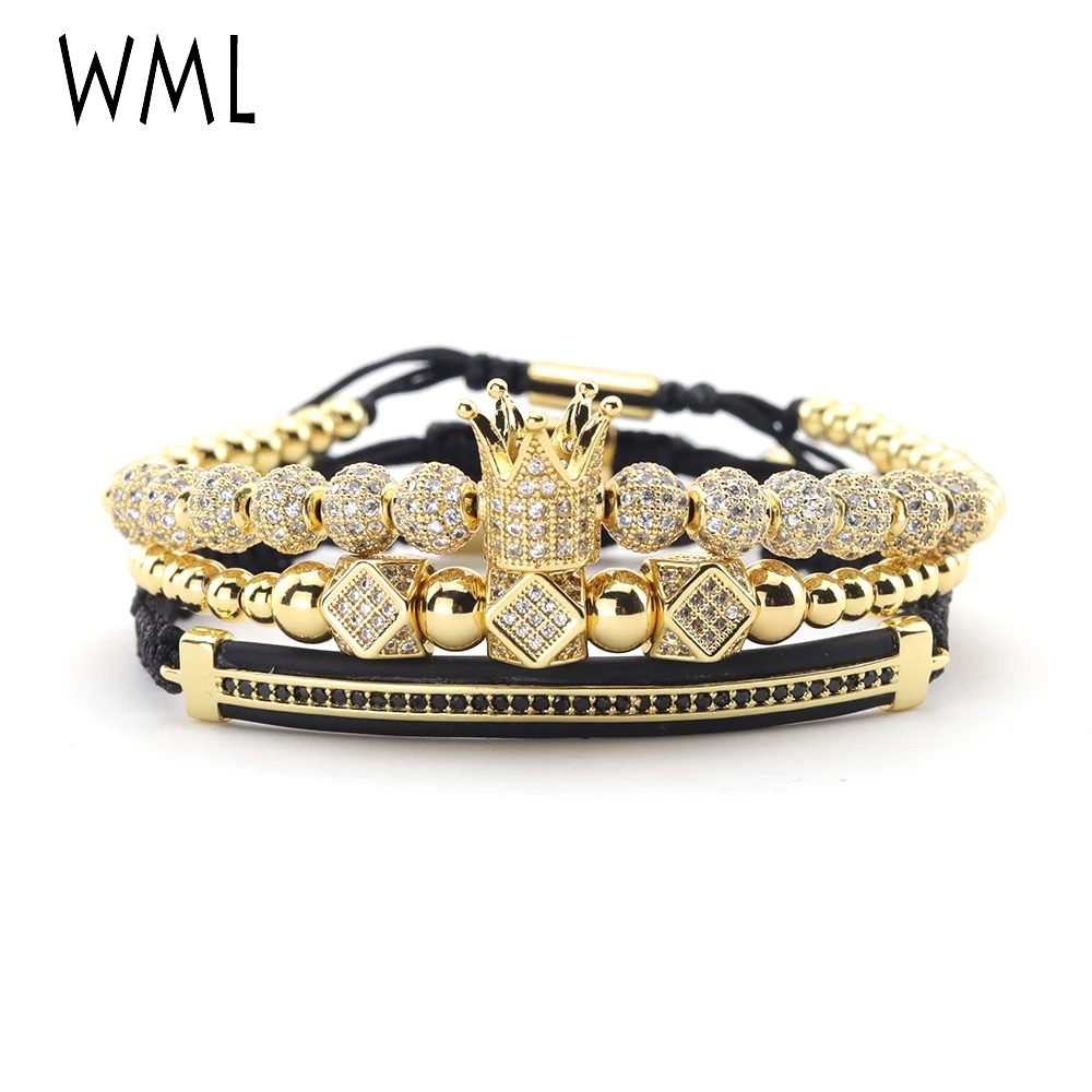 

Hot 3pcs/set Luxury CZ Ball King Crown Charm Gold Silver beads Macrame handmade Bracelet man bracelets & bangles for Men Jewelry