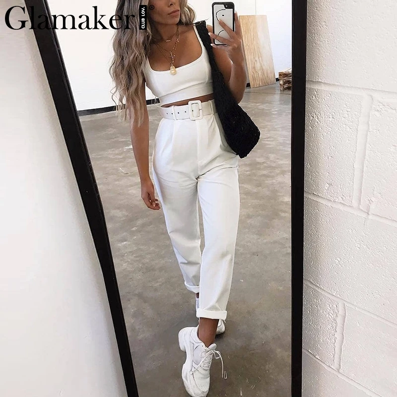 Kopen Glamaker Wit gesp riem broek vrouwen broek Vrouwelijke losse werk hoge taille pak broek Sexy rechte sash broek patalon bodem