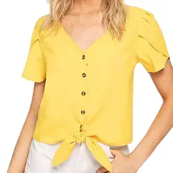 Модные Летняя блузка женская одежда 2018 Повседневное короткие Для женщин s Топы и блузки Лук короткий рукав кнопка V шеи женский рубашка