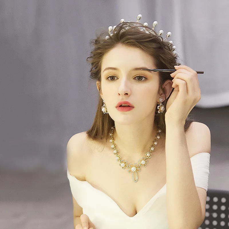 

3pcs/set Rhinestone Jewelry Set Wedding Bridal Princess Tiara Crown Simulated Pearls Necklace Statement Women Jewellery Present