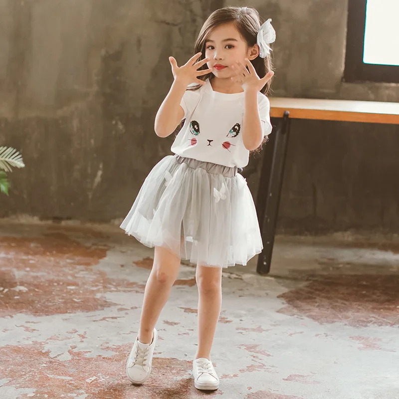 

Children Clothing Sets 2019 Summer Girls Clothes Set Kawaii Cute Cat T-shirt & Mesh Skirt Babygirl Clothes 2 3 4 5 6 7 8 Years