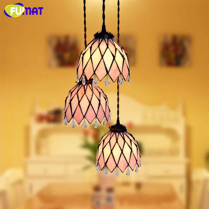 FUMAT American Style Tiffany Romance Pink Glass Art Lamp Living Room Hotel Pendant Lamp Kitchen Dining Room Lamp