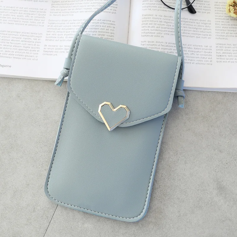 Женская сумка для телефона, женская сумочка для монет, сумка через плечо для девушек, милая сумка для телефона, мини-сумка для мобильного телефона с застежкой в виде сердца - Цвет: Gray Blue