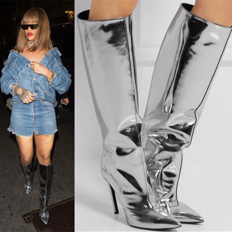 silver metallic thigh high boots