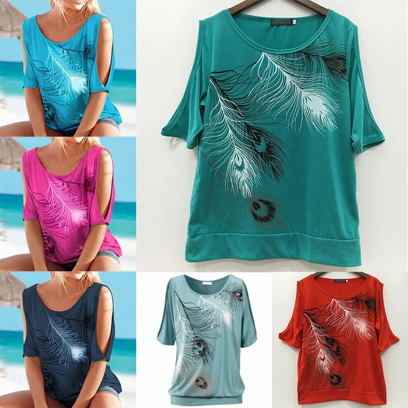 Womens Off-shoulder Tops Ladies Feather Printed Casual Loose Blouse Tops T-shirt