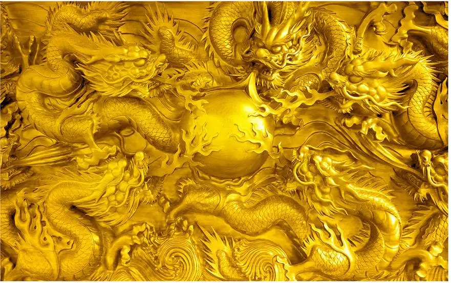 3d обои для комнаты резьба по камню золотой дракон фотообои гостиная обои|living