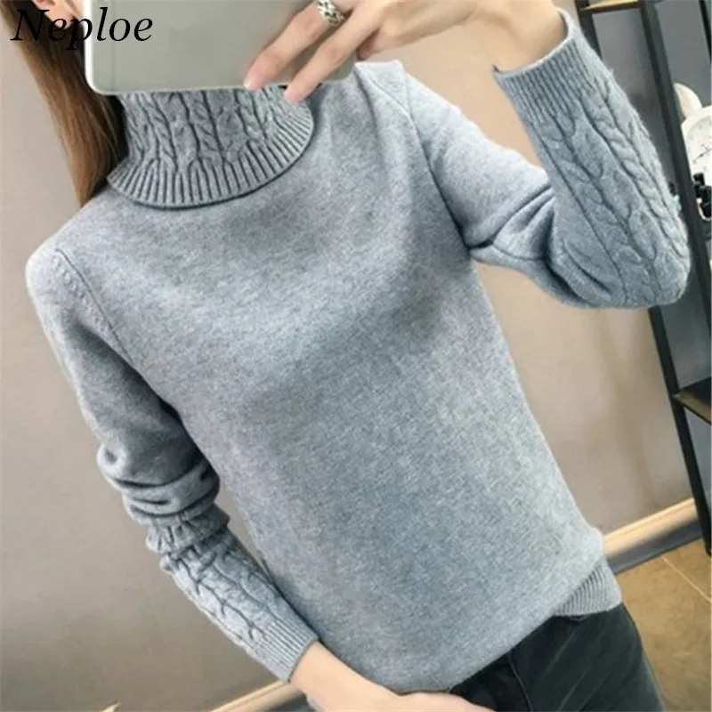 Neploe Solid Knitted Pattern Women Sweater High Neck Thick Warm Female Pullover Autumn Winter New Simple Sueter Mujer Pullovers Aliexpress