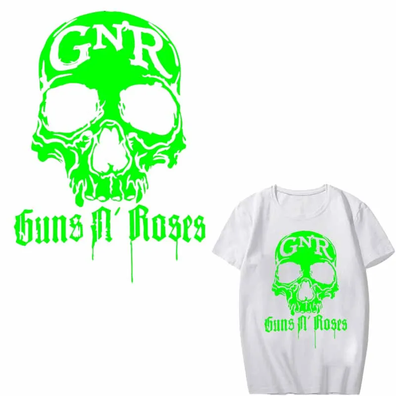 Glow In The Dark Luminous Guns N Roses Patch Iron on Transfers for Clothing DIY Applique Heat Transfer Vinyl Skull Band Stickers