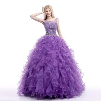 

Real Photo Ruffles Elegant Purple Quinceanera Dress Scoop Beads Organza Long With Lace Up Formal Party Gown Plus Size