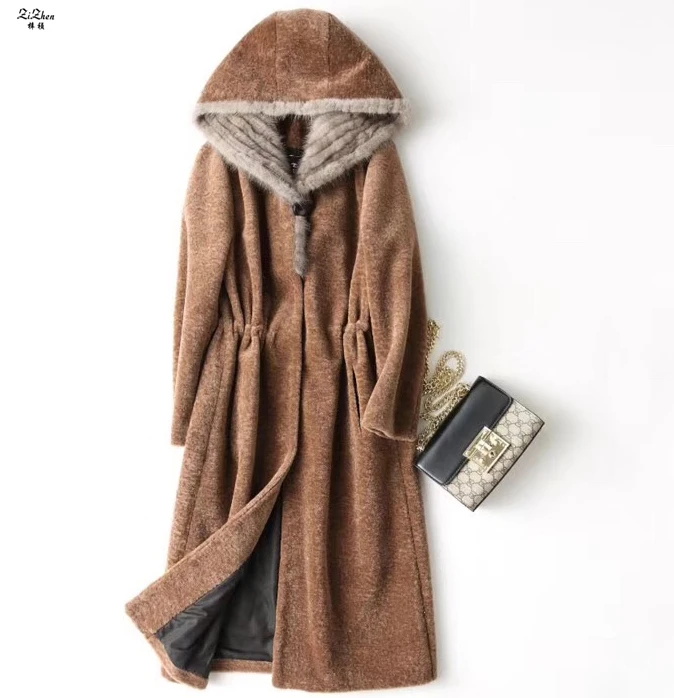 D'agneau Zizhen Femmes Réel Avec De Hiver Laine Capot En Army noir Chaud Crit Long Vison 4 Naturel Green camel Peau Moutons Fourrure Manteau bourgogne 180718 rCzrqEn