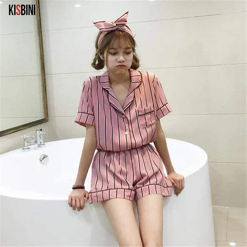 KISBINI Summer Women Pajamas Set Imitation Silk Stripe Short Sleeve Shirt+Shorts Handband 3PC Nightwear Women's Homewear Pyjamas