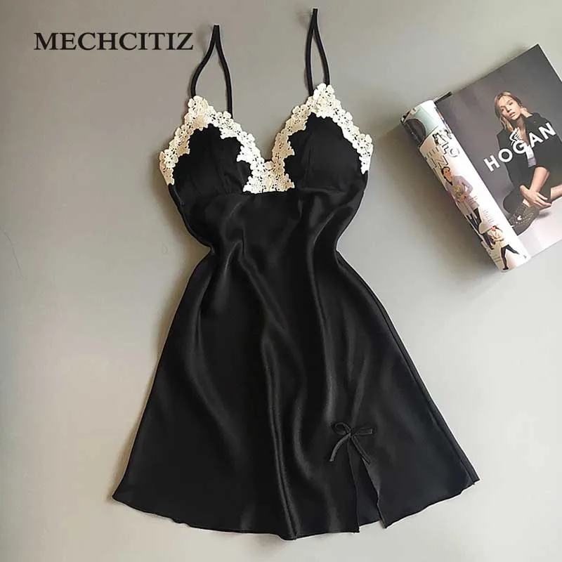 

MECHCITIZ 2018 Summer camison sexy nightdress women nightwear spaghetti strap satins silk nightgowns pyjamas women sleepwear