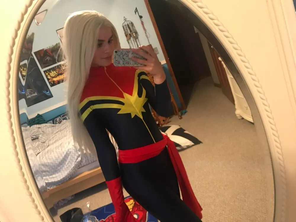

Free Shipping New Navy Blue And Red Spandex Ms. Captain Marvel Carol Danvers Superhero Costume For 2016 Halloween Costume