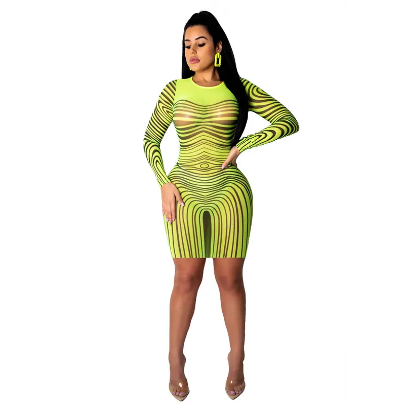 

Women Sexy Club Dresses Long Sleeve Bodycon Mini Dress Elegant Neon Green Sheer Mesh See Through Slim Short Patry Dress Vestidos