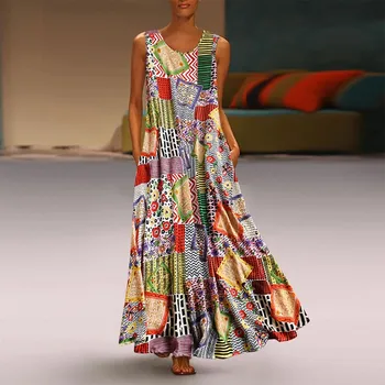 

Women Dress 2019 Semmer Fashion Dress Vintage Print Floral Patch Dress Sleeveless O-Neck Loose Maxi Dress Summer Casual Dresses