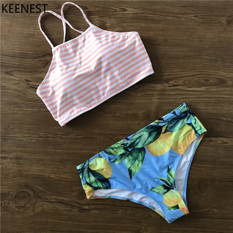 

KEENEST Sexy Stripe Halter Women Swimsuit Bandage Swimwear Print Cross Two Piece Bikini Set