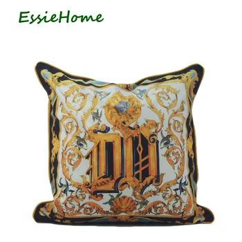 

ESSIE HOME Print Velvet Pillow With Piping Yellow Rococo Baroque Style Soft Cushion Cover Pillow Case Home Decor