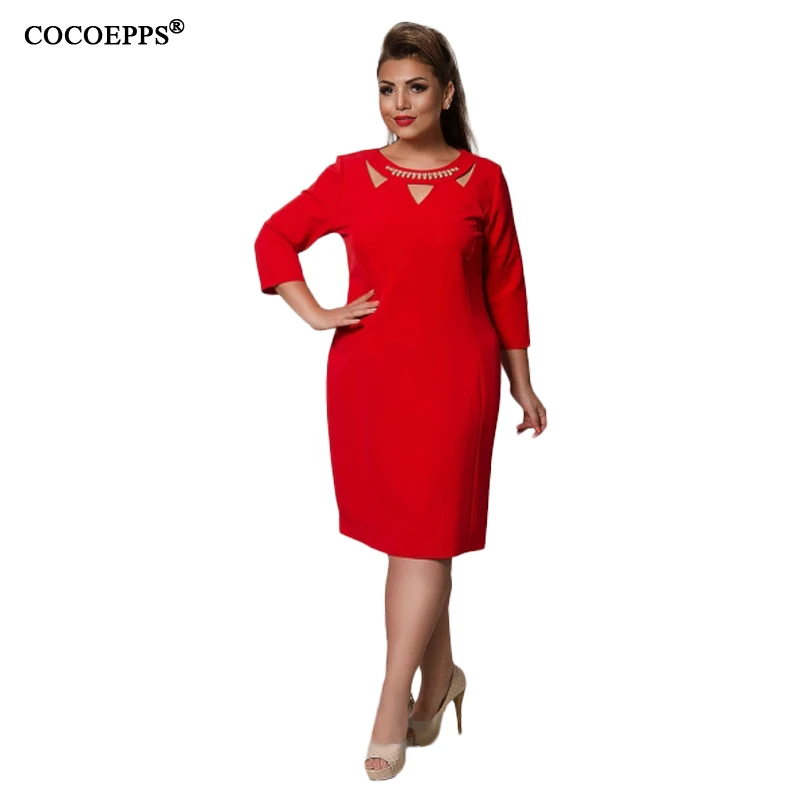 COCOEPPS L-6XL, с длинным рукавом, утолщенное осеннее платье, с круглым вырезом, элегантное, офисное, Повседневное платье, женская одежда размера плюс, Vestidos - Цвет: red