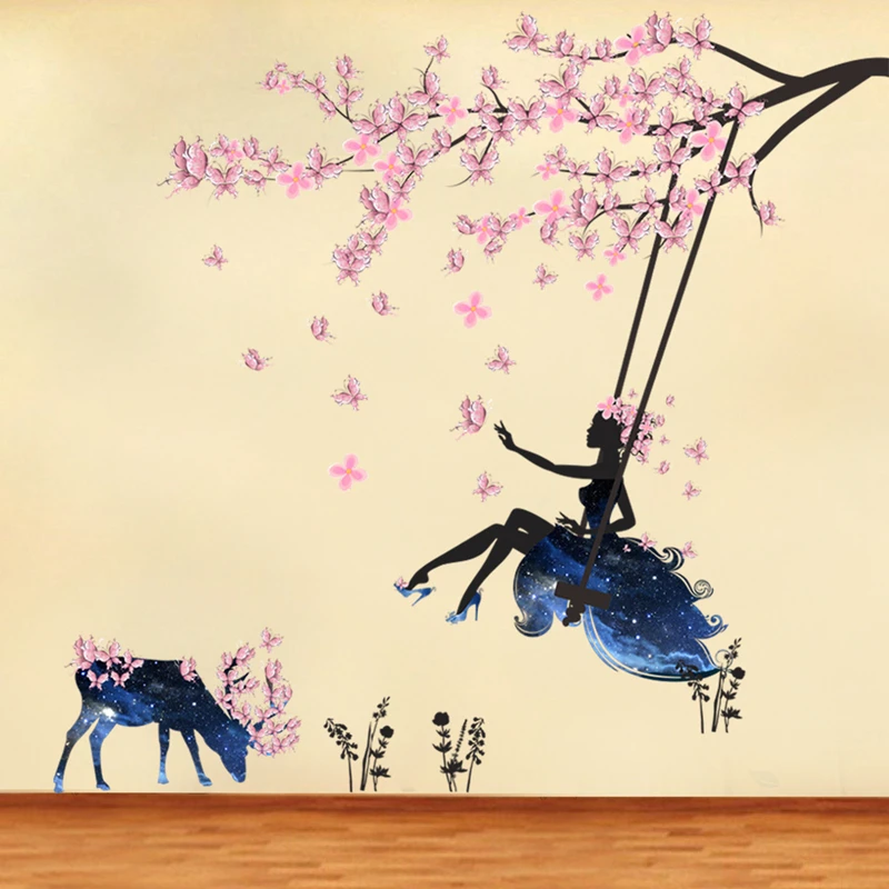 

Flower Fairy Wall Sticker Plum Flower Creative Landscape Art Wall Sticker Wall Murals Living Room Decorative Cartoon Home Decor