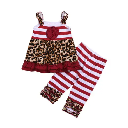 

2-7Years Toddler Kid Girl Leopard Ruffle Top T-shirt+Stripe Pant Trousers Outfit Set