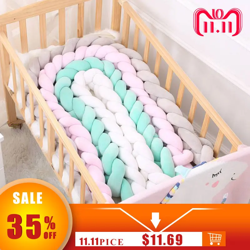 

100CM 200CM Newborn Baby Bed Bumper Infant Room Decor Crib Protector Pacification Toy Pure Color Weaving Knot for Kids Bedding