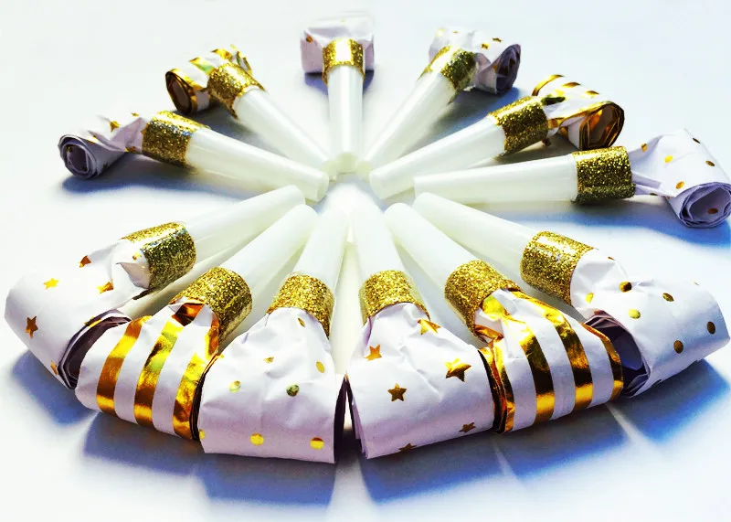 

60pcs New Year Party Blowers Decorated with Deometric Patterns Embellished with Gold Foil and Glitter
