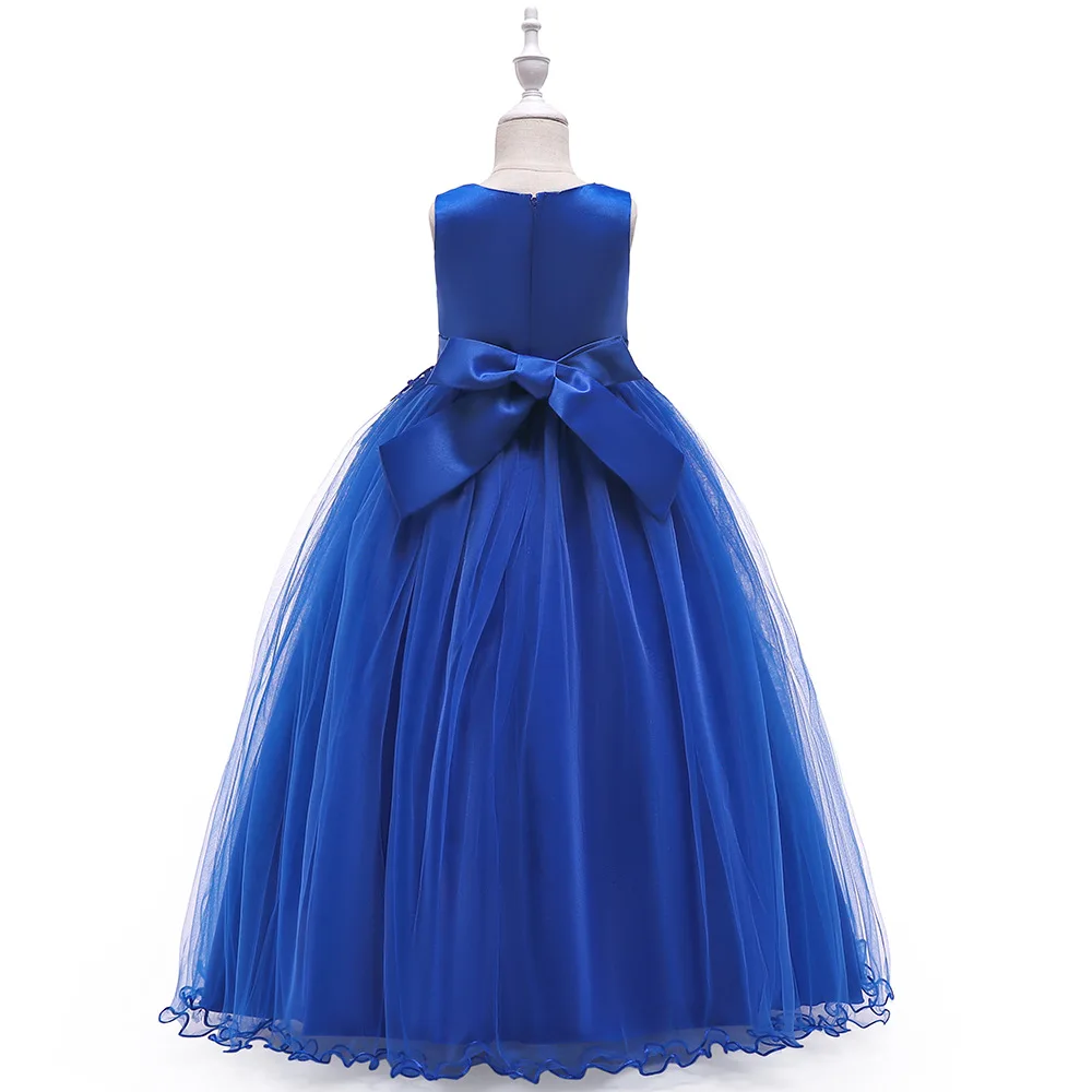 Королевский синий Кружевные Платья с цветочным узором для девочек 2019 мягкий тюль с круглым вырезом Детские вечерние платья бальное платье
