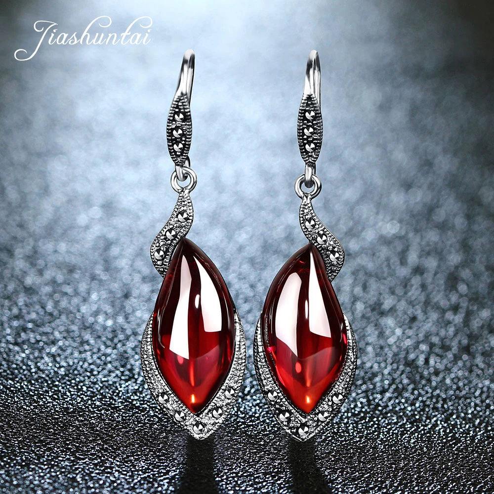 

JIASHUNTAI Retro 100% 925 Sterling Silver Earrings For Women Vintage Natural Chalcedony Garnet Gemstone Earrings Jewelry Female